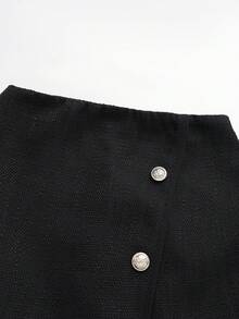 Franclia Petite 2pcs Women's Elegant Off Shoulder Fitted Top With Front Button And Pants Set, Autumn/Winter - Black - View 6