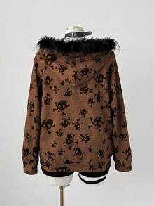 Sunspun 暗黑复古朋克原宿风骷髅印花女式卫衣，初秋 - 咖啡棕 - 查看 2