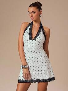 SHEIN BAE Váy ngắn không tay cổ chữ V khoét sâu gợi cảm dành cho nữ với họa tiết chấm bi trắng và viền ren đen, phù hợp cho mùa xuân/hè - Đen và trắng - Xem 5