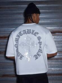 AXEPEAK 男士休闲宽松短袖T恤，白色，饰有手工水钻贴片，夏季款