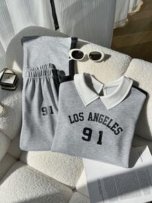 SHEIN ChillGRL Casuvi 女童两件套：长袖T恤，衬衫领，蕾丝边饰，卡通印花；针织阔腿裤，蕾丝边饰，印花图案，学院风，适合春秋季休闲、返校、运动、度假等场合。