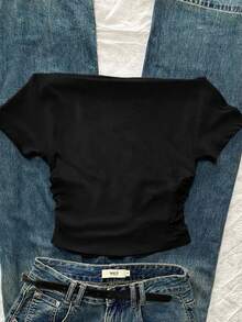 Attitoon 休闲简约街头风复古朋克Y2K百搭派对机场穿搭，黑白戒指英文印花，女士露肩褶皱紧身短袖T恤，夏季舒适 - 黑色 - 查看 2