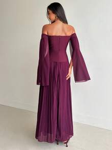 Aloruh Đầm chữ A xếp ly tay loe trễ vai màu đỏ rượu vang trơn mới dành cho nữ, chất liệu chiffon. - Màu Đỏ Sâu - Xem 3