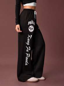SHEIN Kung Fu Panda Quần nỉ nữ kiểu dáng thường ngày, họa tiết chữ cái và gấu trúc, cạp chun, có dây rút. - màu đen - Xem 4