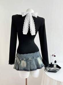 Elamini 女士Y2K复古优雅波点印花蝴蝶结装饰二合一修身T恤，春秋季 - 黑與白 - 查看 2