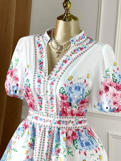 Rometta Plus Size Women Floral Print Stand Collar Puff Sleeve Dress, Vacation