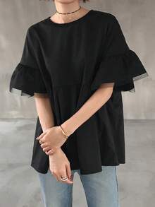 FRIFUL Women's Casual Contrast Mesh Ruffle Trim Short Sleeve T-Shirt, Summer - Black - View 4