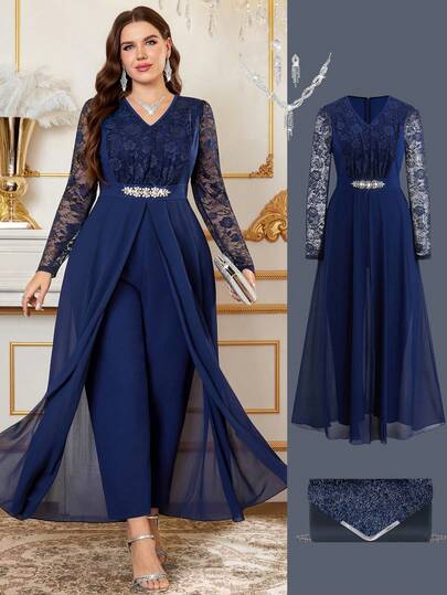 Ellevyn Plus Size Women's Contrast Lace V-Neck Long Sleeve Waist Rhinestone Decor Elegant Jumpsuit Spring Outfit Women Spring Spring Break Outfits Spring Clothing Carnival Carnival Costume Carnival Women Carnival Costumes Elegant Dress Women Vacation Outfits Women Summer Holiday Outfits Vacation Holiday Holiday Clothes Women's Blue Patchwork Embroidery 3/4 Sleeve Waist Wide Leg Jumpsuit, Elegant Chiffon Patchwork,Formal Jumpsuits For Women,Saudi National Day Clothing , Saudi National Day Dress, New Year Dress , New Year Women's Clothes , New Year Look ,Long Party Dresses , Elegant Dresses For Party , Curvy Party Dresses,Going Out ,Graduation Dress For Women ,Long Graduation Dress , Graduation Guest Dress , Elegant Long Graduation Dress , Ball Gown , Prom Dresses For Women , Formal Ball Gowns For Women , Prom Dress Plus Size,Sparkly Dress ,Sequin Dress,Night Out,Date Night Outfits Women,Mother Of The Bride Dresses For Wedding,Formal Dresses For Women ,Luxury Dress,Chic Evening Dress Carnival