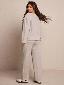 Elaquor Plus Size Women Solid Color Round Neck Long Sleeve T-Shirt And Pants Casual 2-Piece Set For Spring, Spring Outfits For Women - Khaki - View 2