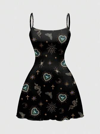 Goth Vestido mini de verano con estética gótica con estampado de todo el Body de elementos celestiales, serpientes, escorpiones y gemas