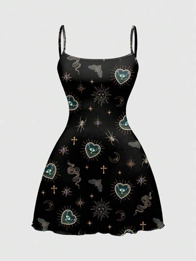 Robe mini d'été gothique esthétique avec imprimé tout-sur-tout céleste, serpent, scorpion et pierres précieuses