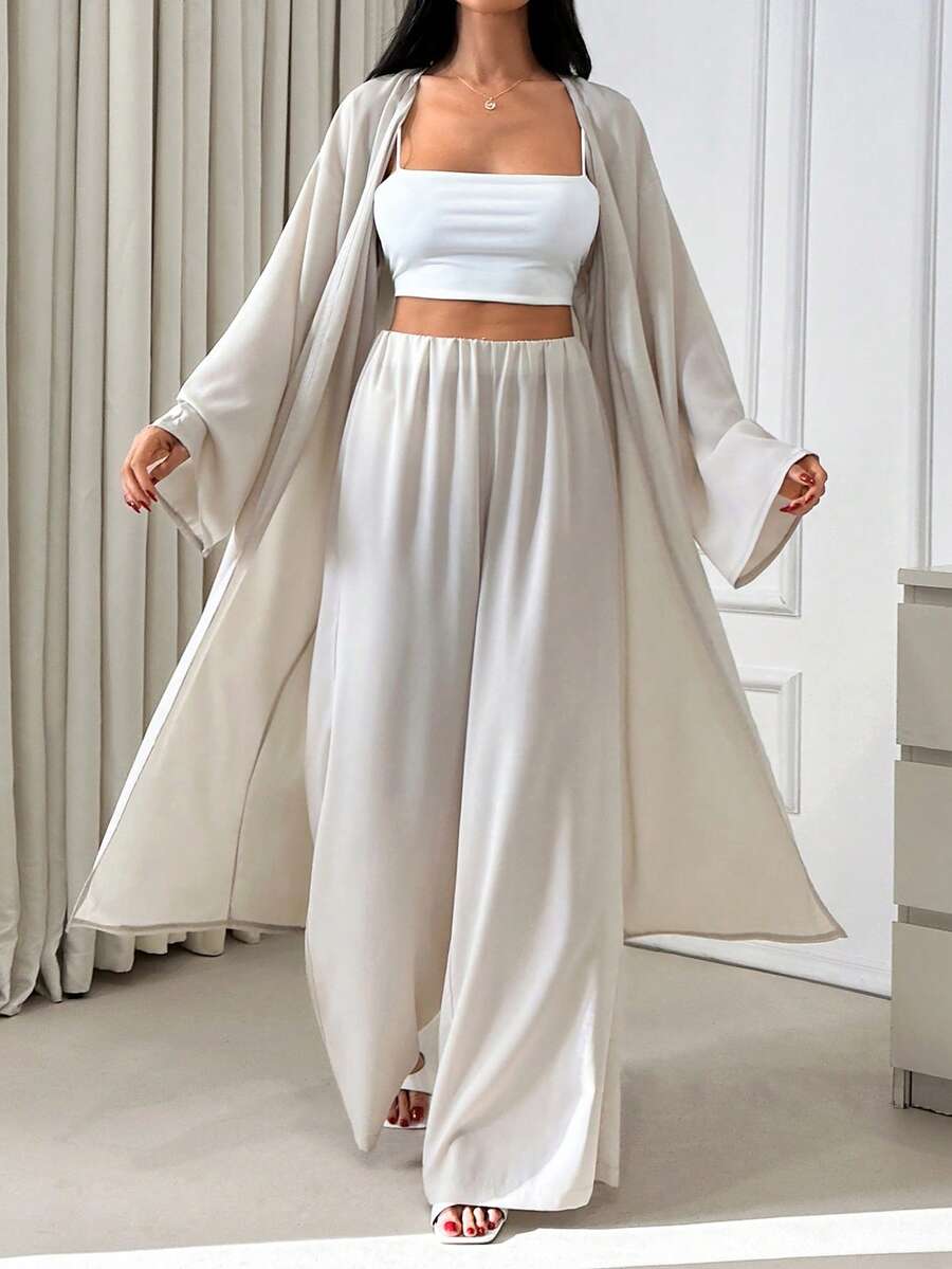 EURMUSE 三件套亚麻套装，飘逸和服式罩衫，阔腿裤，露脐上衣，柔软透气面料，优雅度假风，舒适时尚，轻松打造夏日造型 - 米色 - 查看 1