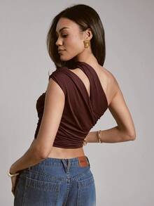 Hauture Women's Daily Simple Elegant Sexy Spilt Shoulder Ruched Jersey Knit Top - Brown - View 2