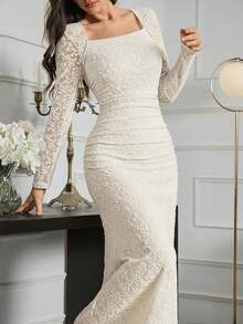Modelyn Urban Elegant White Lace Fitted Dress For Women Long Evening Dresses - White - View 1