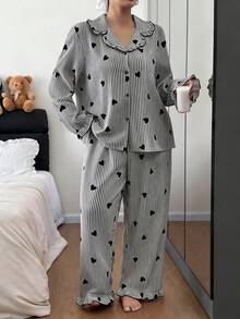 Napfluff CURVE Napfluff CURVE Plus Size Women Mushroom Collar Striped Heart Print Pajama Set - Multicolor - View 4