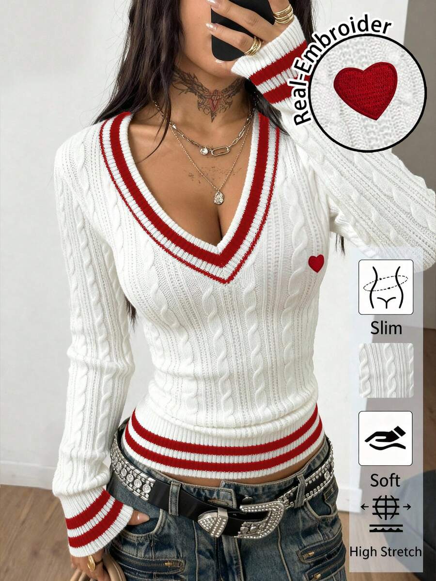 Coolane Áo len nữ dáng ôm mỏng tay dài, kiểu dáng sinh viên tối giản, màu đỏ sọc, thêu hình trái tim, cổ chữ V, thích hợp cho mùa thu/đông, cần mặc thêm lớp áo bên trong.