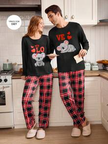 CoupledUp 情侣休闲可爱考拉动物印花格子长袖睡衣套装，秋季家居服 - 彩色 - 查看 3