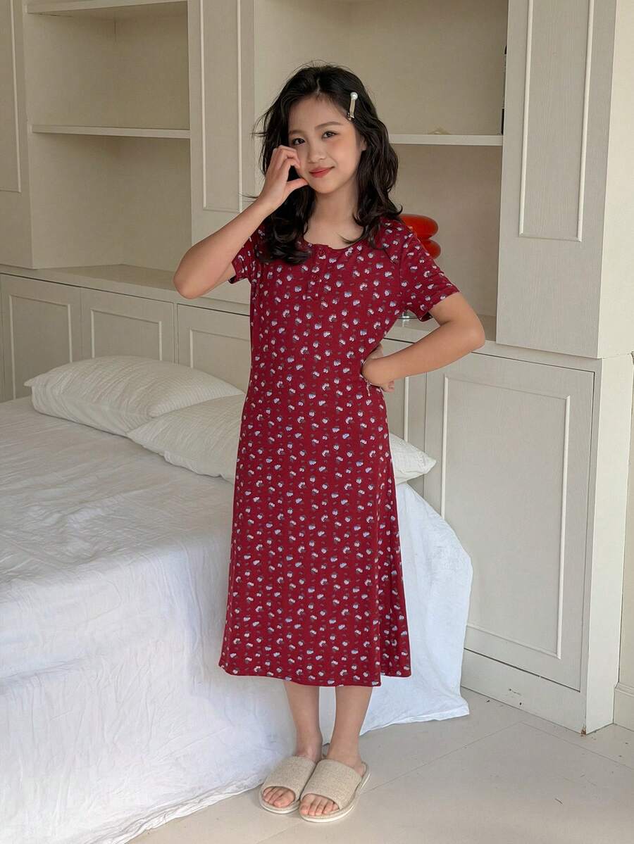 DAZY Tween Girls Ditsy Floral Round Neck Nightgown Loungewear Summer - Burgundy - View 1