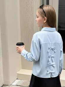 SHEIN Tween Girls' Casual Fashionable Versatile Woven Solid Color Back Slit Bow Decor Turndown Collar Long Sleeve Fitted Blouse, Back To School - Baby Blue - View 9