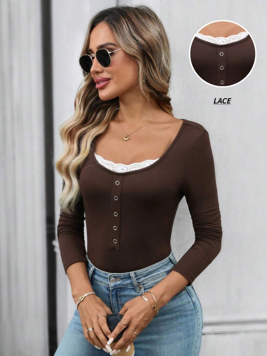 EMERY ROSE Damska koszulka z kontrastową koronką typu raglan z długim rękawem, dopasowana, modna i uniwersalna