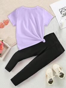 SHEIN Playful Pals 春夏休闲时尚创意个性化清新可爱卡哇伊酷炫虚拟少女组合卡通人物彩色五角星标志标语印花舒适基础款短袖T恤和打底裤套装，温暖的夏秋款式，适合女童 - 彩色 - 查看 2