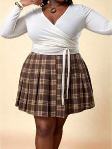 CurvyTilda 大码复古格子褶皱 A 字裙