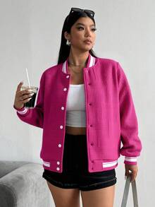 Chaqueta de béisbol para mujeres - lleno de textura de empalme geométrico en relieve, chaqueta de béisbol deportivo casual, adecuada para la academia, comienzo de la escuela y regreso a la escuela - Rosa Fucsia - Ver 2