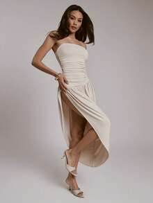 Hauture Women's Ruched Jersey With Side Slit Simple Elegant Sexy Daily Holiday Long Dress - Apricot - View 3