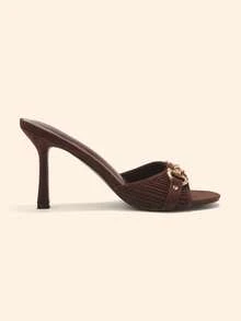 CUCCOO BASICS Giày sandal cao gót 8.8cm màu đen bằng da PU, kiểu dáng cổ điển, trang trí khóa vàng. - Nâu dệt - Xem 4