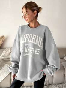 EURMUSE 女士休闲字母印花运动衫，秋冬 - 淺灰色 - 查看 4