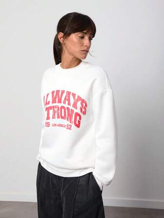 Athîral Casual White Minimalist White Pattern Crew Neck Long Sleeve Thick Loose Women Sweatshirt