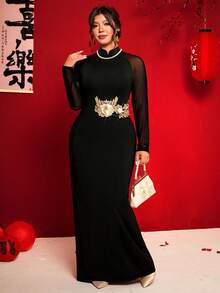 Cravure Plus Size Women's Elegant Knit Mesh Sleeve Mandarin Collar Gold Embellished Dress - Black - View 7