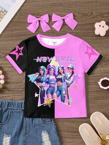SHEIN Back To School Cartoon Young Girl Colorful Purple & Black Contrast Color Casual Minimalist Round Neck Short Sleeve T-Shirt, Suitable For Summer, Outdoor Picnic, Street Style, Home, Campus - Multicolor - View 2