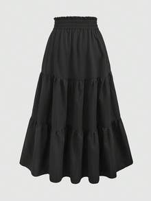 SHEIN Girls' Casual Elegant Loose Fit Patchwork Pleated Flared Skirt, Spring/Summer - Black - View 3