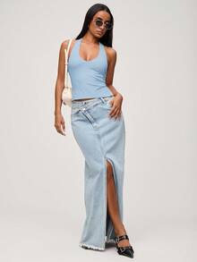 SHEIN BASICS Women's Casual Solid Color Knit Halter Top/Summer - Blue - View 4