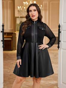 SHEIN Clasi Đầm dáng rộng phối lưới tương phản, khóa kéo, thích hợp cho mùa thu. - màu đen - Xem 5