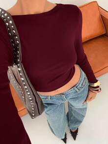 SHEIN EZwear 女士酒红色露背修身长袖T恤，适合情人节约会、新年派对和日常穿着，春夏款 - 酒紅色 - 查看 4