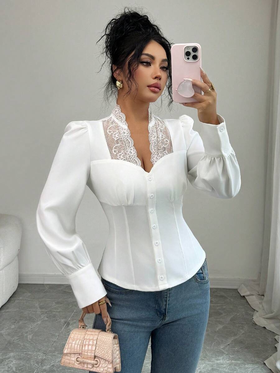SHEIN Elenzya 女士优雅精致深V领收腰灯笼袖蕾丝拼接时尚办公白衬衫 - 白色 - 查看 1