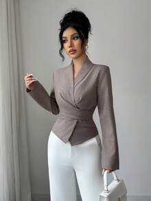 Elenzga Áo cánh nữ tay dài cổ bẻ màu trơn, họa tiết cà vạt, mặc đi làm ngoài trời, mùa thu/đông/xuân - Màu Khaki - Xem 7