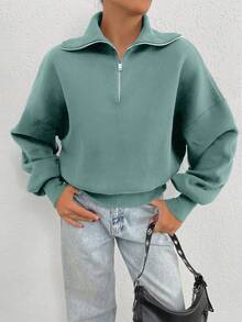 EURMUSE Áo nỉ oversize cổ bẻ 100% cotton có khóa kéo họa tiết - Màu xanh Bạc hà - Xem 5