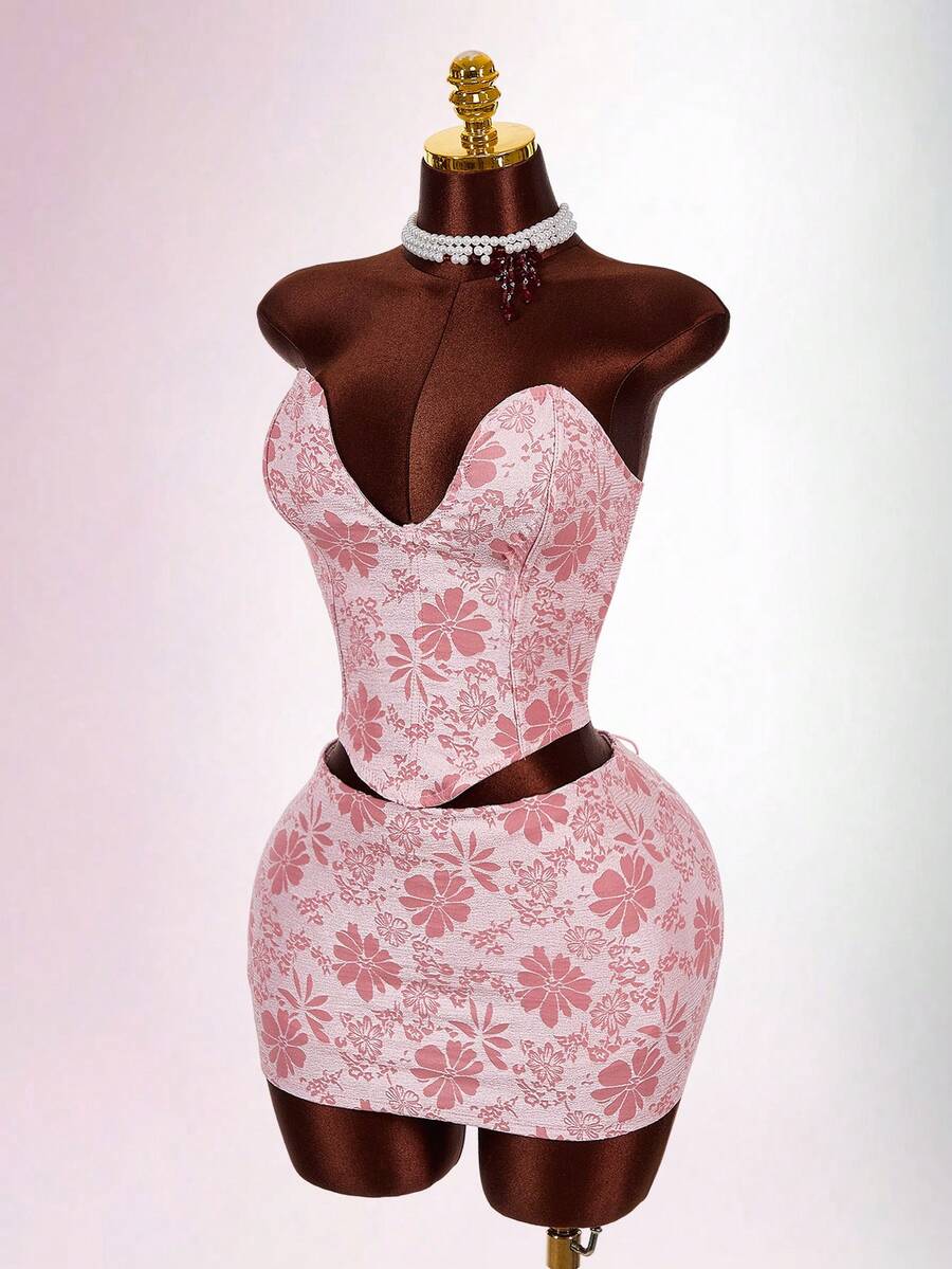 Amplova Bộ 2 món: Áo croptop quây và chân váy cạp siêu thấp bằng vải jacquard. - Hồng - Xem 1
