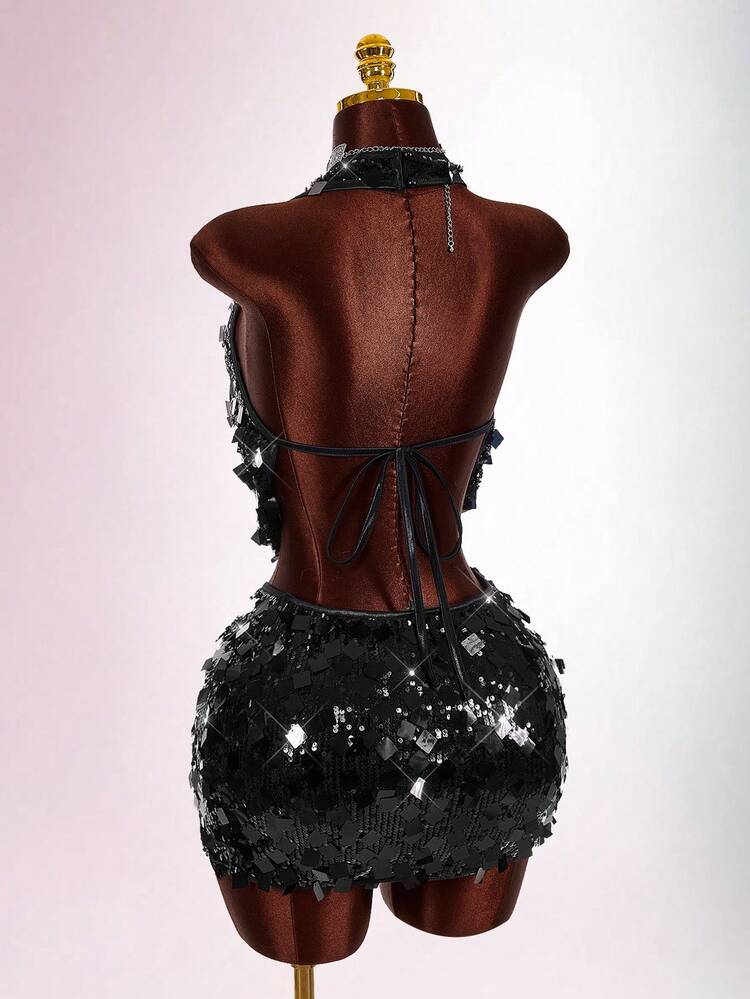 Amplova Plus Size Halter Backless Sexy Two Pieces Set - Black - View 8