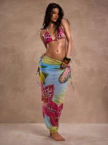 SHEIN BAE 女士三件套泳衣，性感挂脖金属银色装饰系带软杯低腰褶皱长裙泳装 - 彩色 - 查看 7