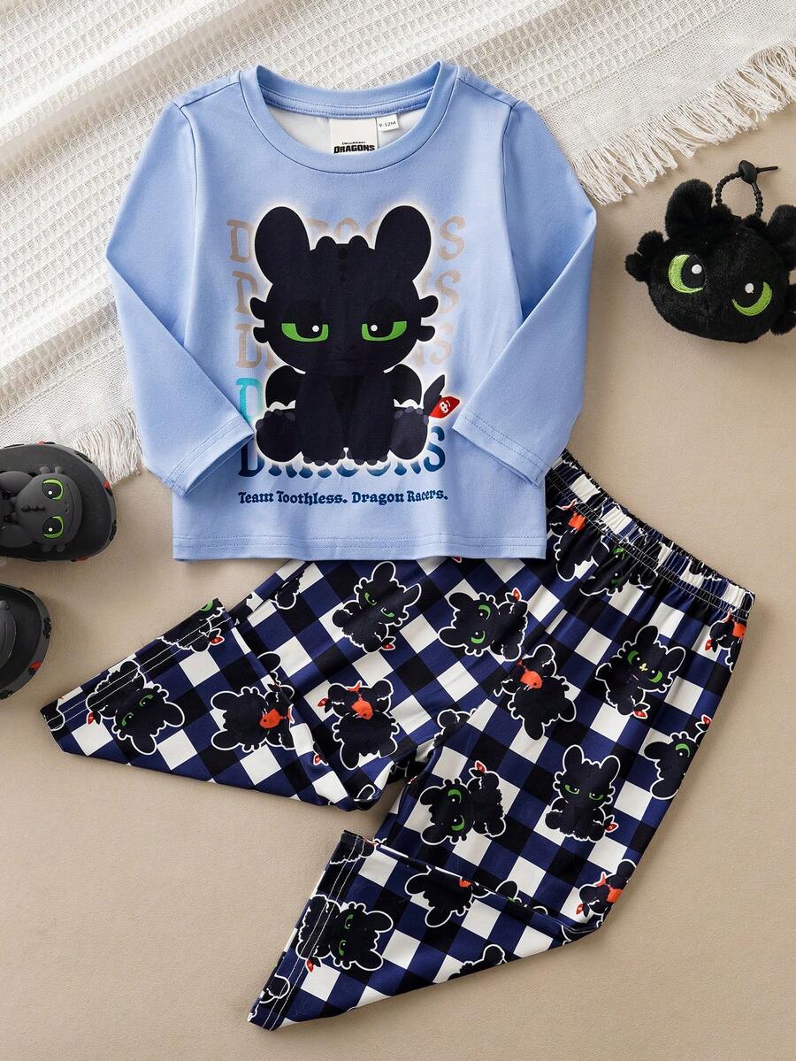 SHEIN How to Train Your Dragon Baby Boy Comfortable Cute Cartoon Dragon Print Long Sleeve Top And Pants Pajama Set, Autumn - Blue - View 1
