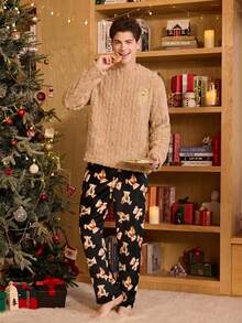 熊图案趣味法兰绒男士睡衣套装