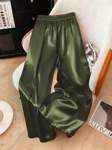 Franclia Plus Size Satin Drawstring Tie Waist Straight Leg Pants Satin Pants Green Satin Pants Silk Pants Green Silk Pants Wide Leg Satin Pants - Olive Green - View 2