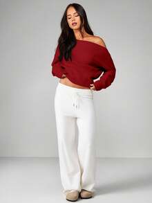 MISSGUIDED Off Shoulder Knit Sweater Long Sleeve Oversized Pullover Fall Winter Casual Top - Burgundy - View 5