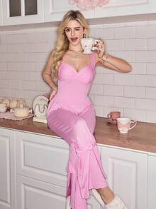 SHEIN Women's Solid Color Romantic Y2K Bow Decor Bell-Bottom Pajama Set - Pink - View 5