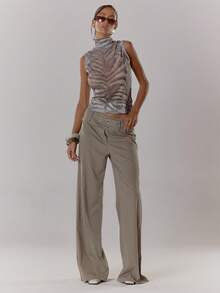 MUSERA 高领印花网纱修身荷叶边下摆吊带背心，性感外出，秋季夜生活，可爱街头风，适合派对、优雅节日、春夏节庆等场合。 - 奶油色 - 查看 3