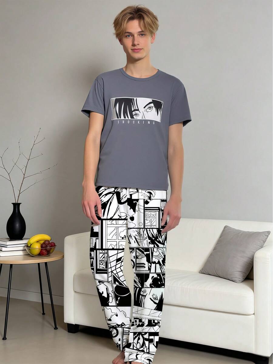 2pcs/Set Teenage Boys' Casual Cartoon Graphic Print Loose Fit Pants And Short Sleeve Top Pajama Set - Dark Grey - View 1